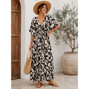 World Market Abstract Print Maxi Dress L XL Tassel Tie Boho Vacation NEW